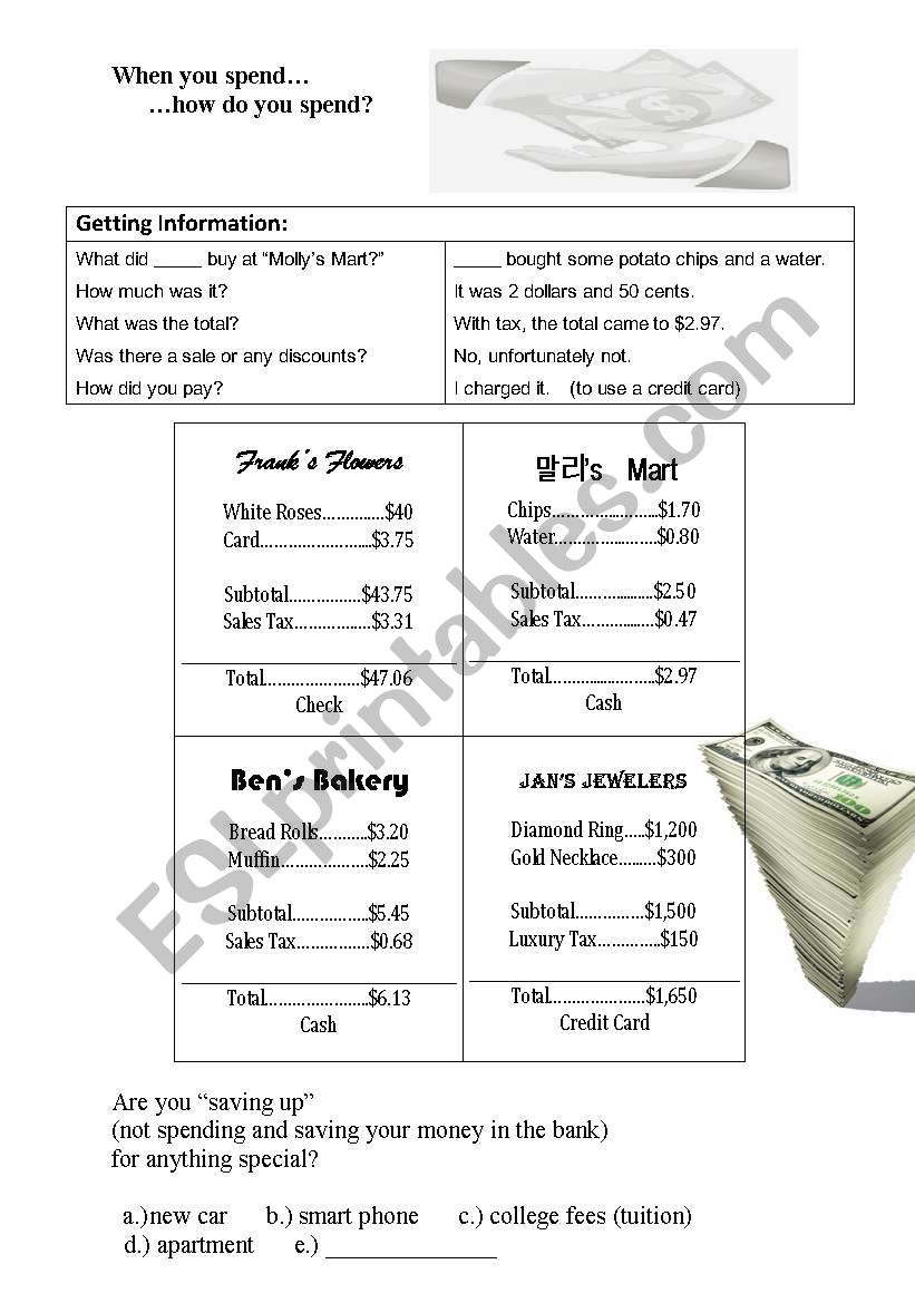 Saving and Spending worksheet