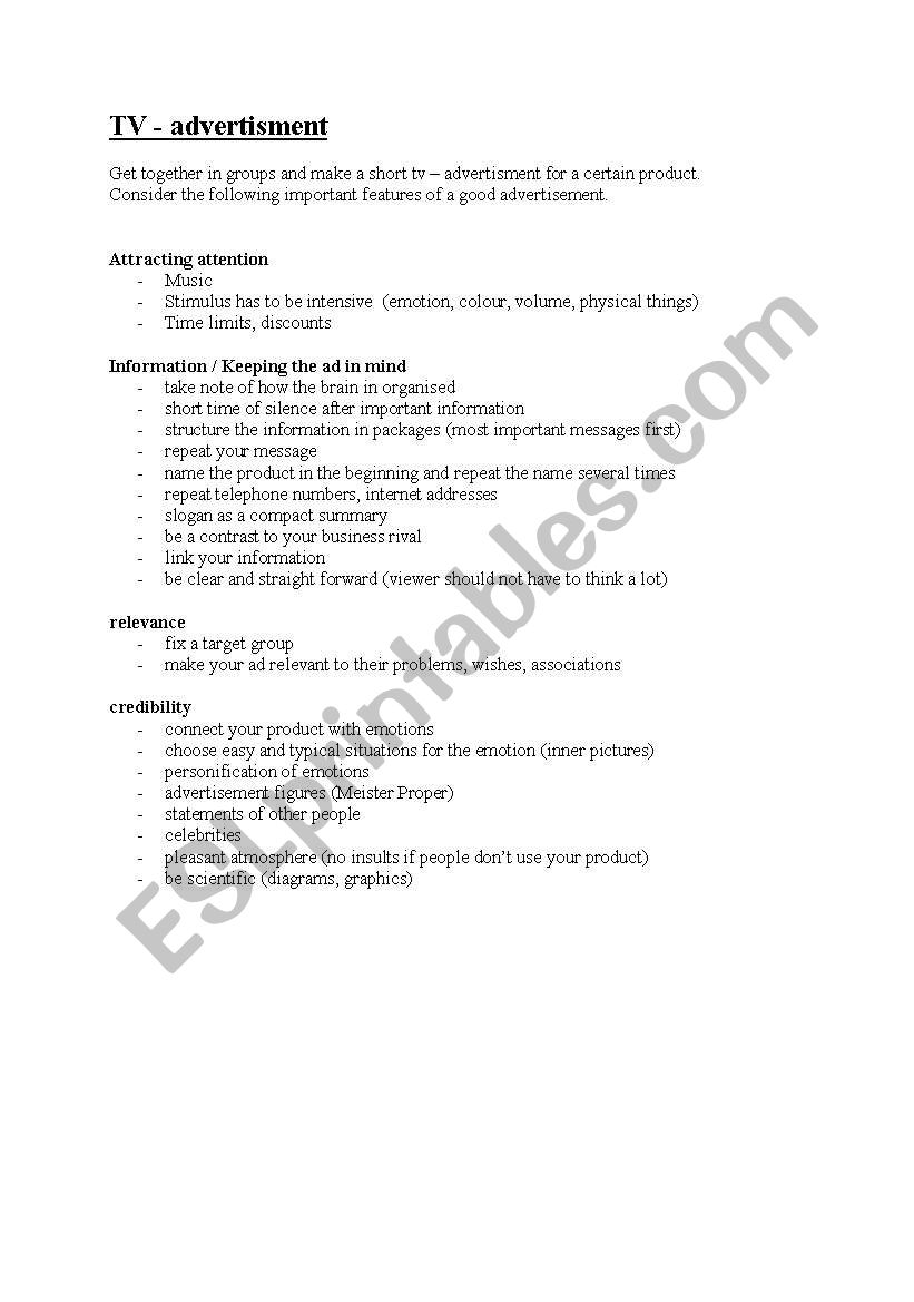 TV advertisement worksheet