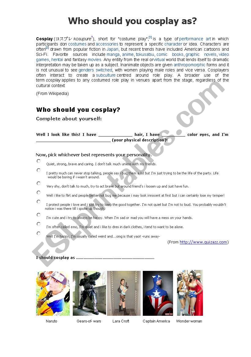 Who should you cosplay as? worksheet