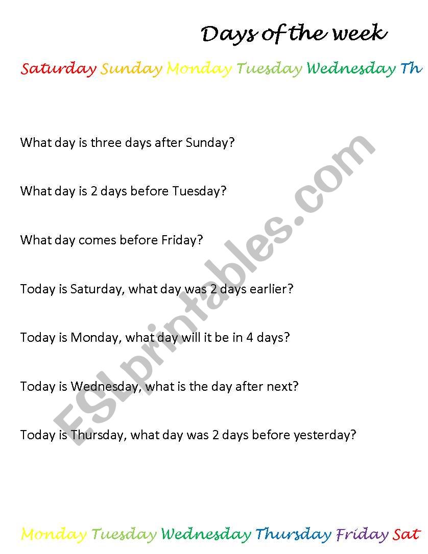 Days of the week worksheet