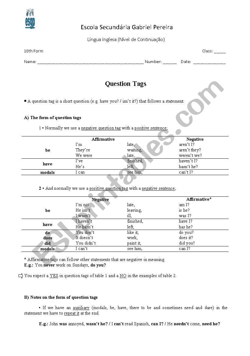 Question tags worksheet