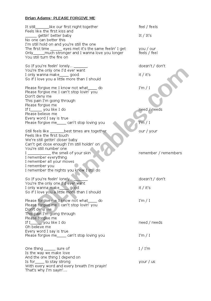 song worksheet