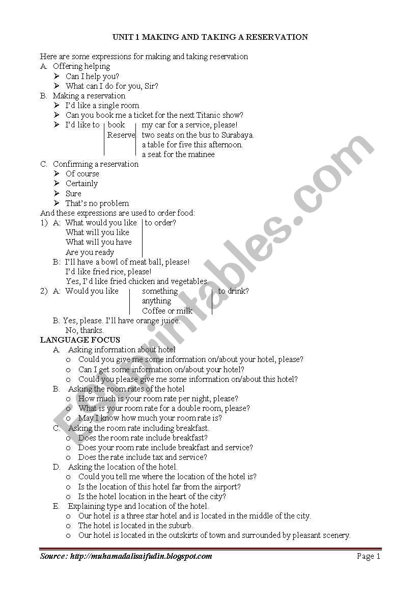 making and taking reservation worksheet