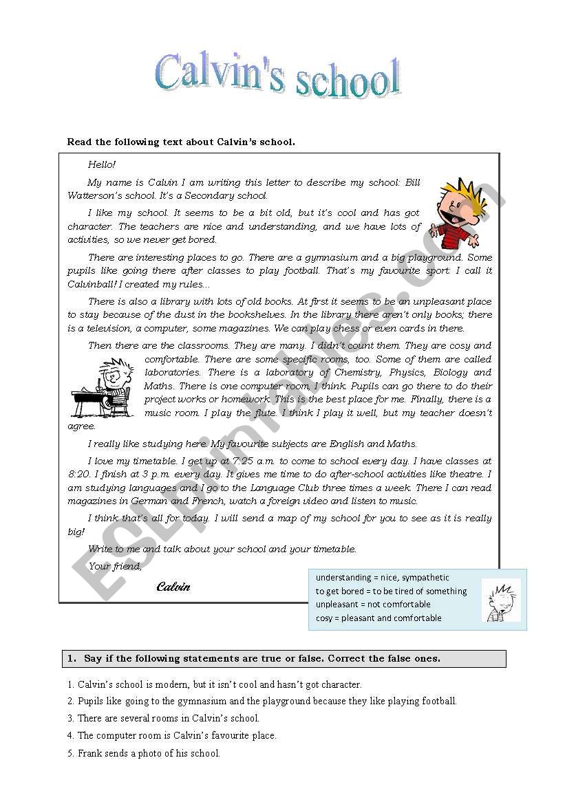 Calvins school worksheet