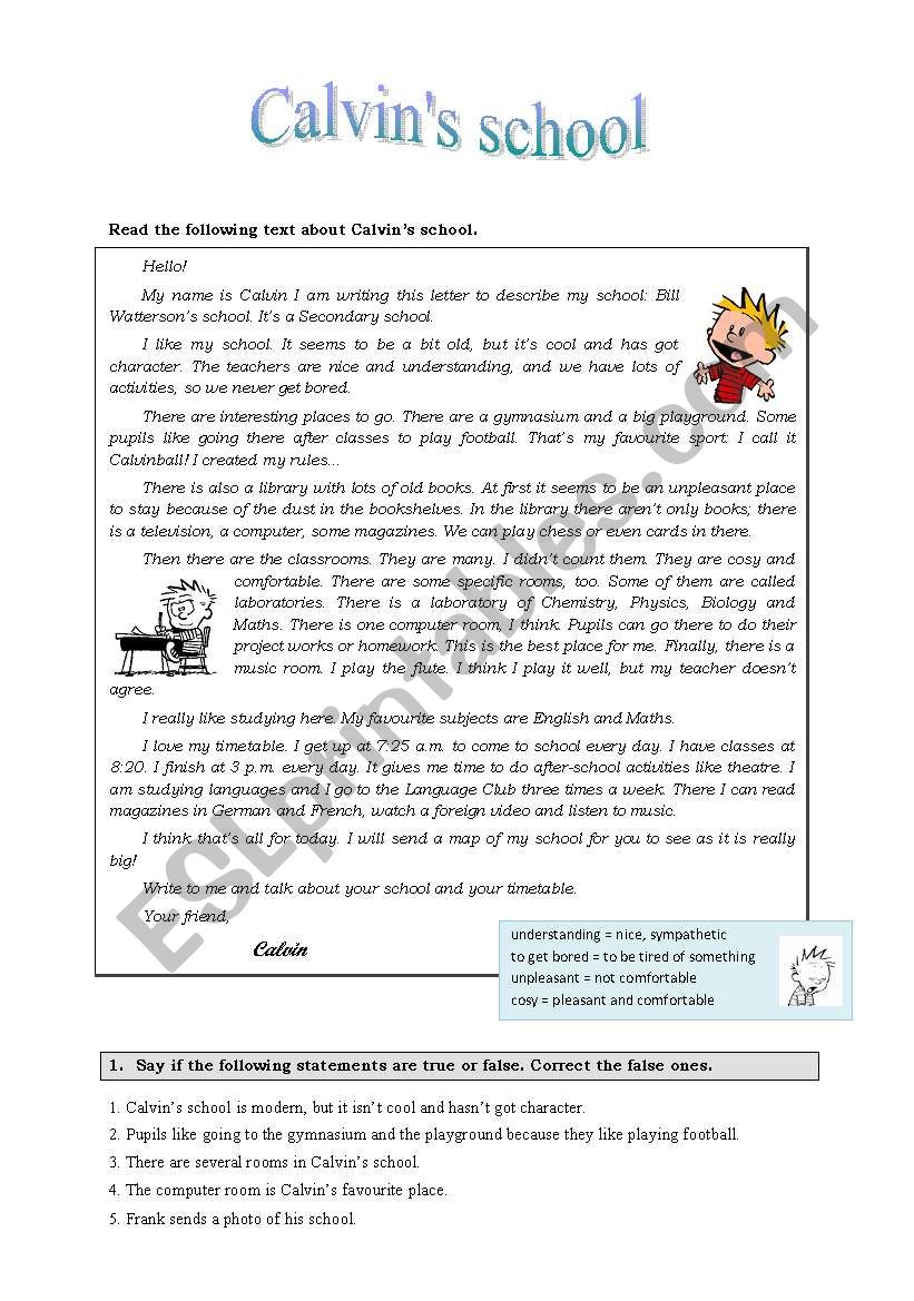 CalvinÂ´s school worksheet