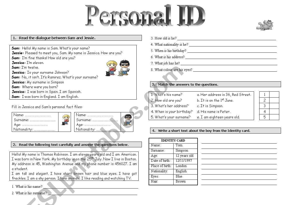 Personal ID worksheet