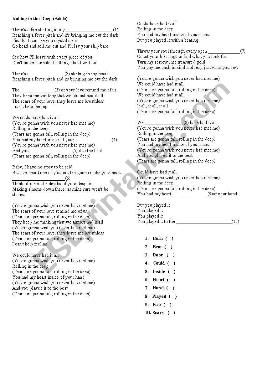 Song _ rolling in the deep worksheet
