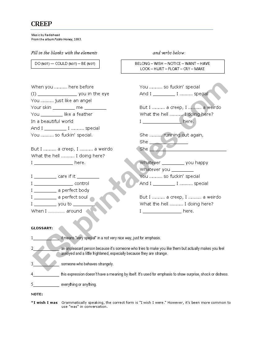 Radiohead - Creep worksheet