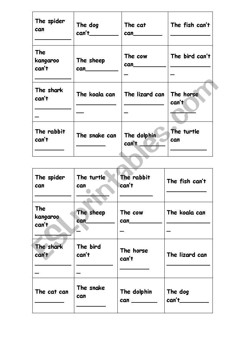 Bingo with Can and Cant worksheet