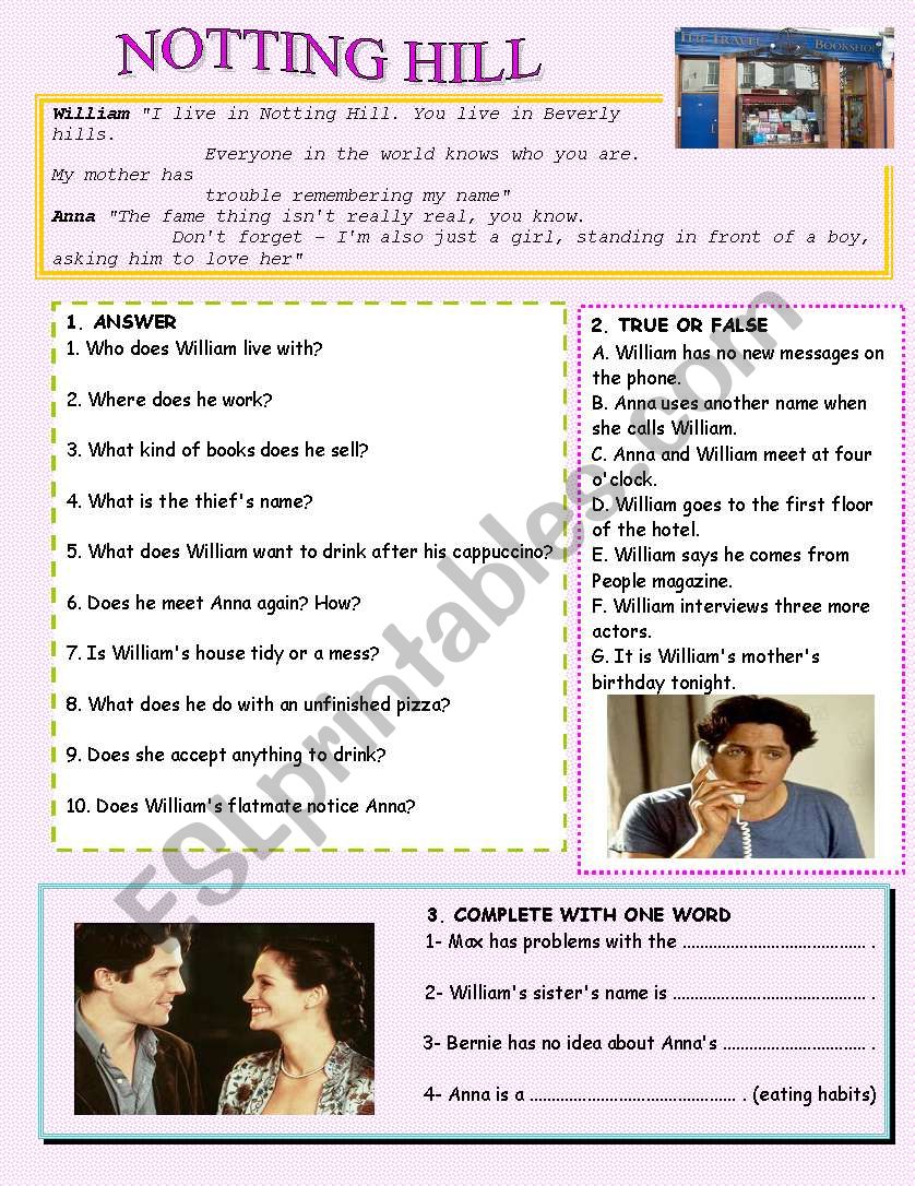 Notting Hill Movie Worksheet with KEY