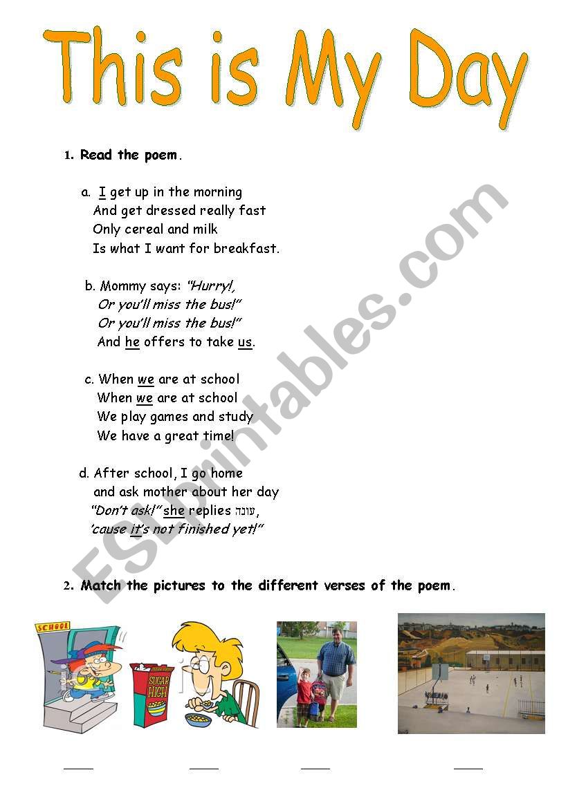 This is my day poem - 2 pages worksheet