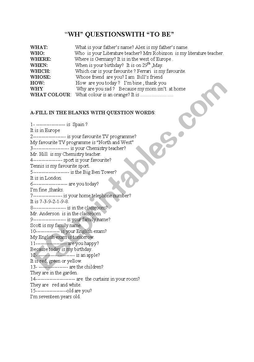wh questions with to be  worksheet