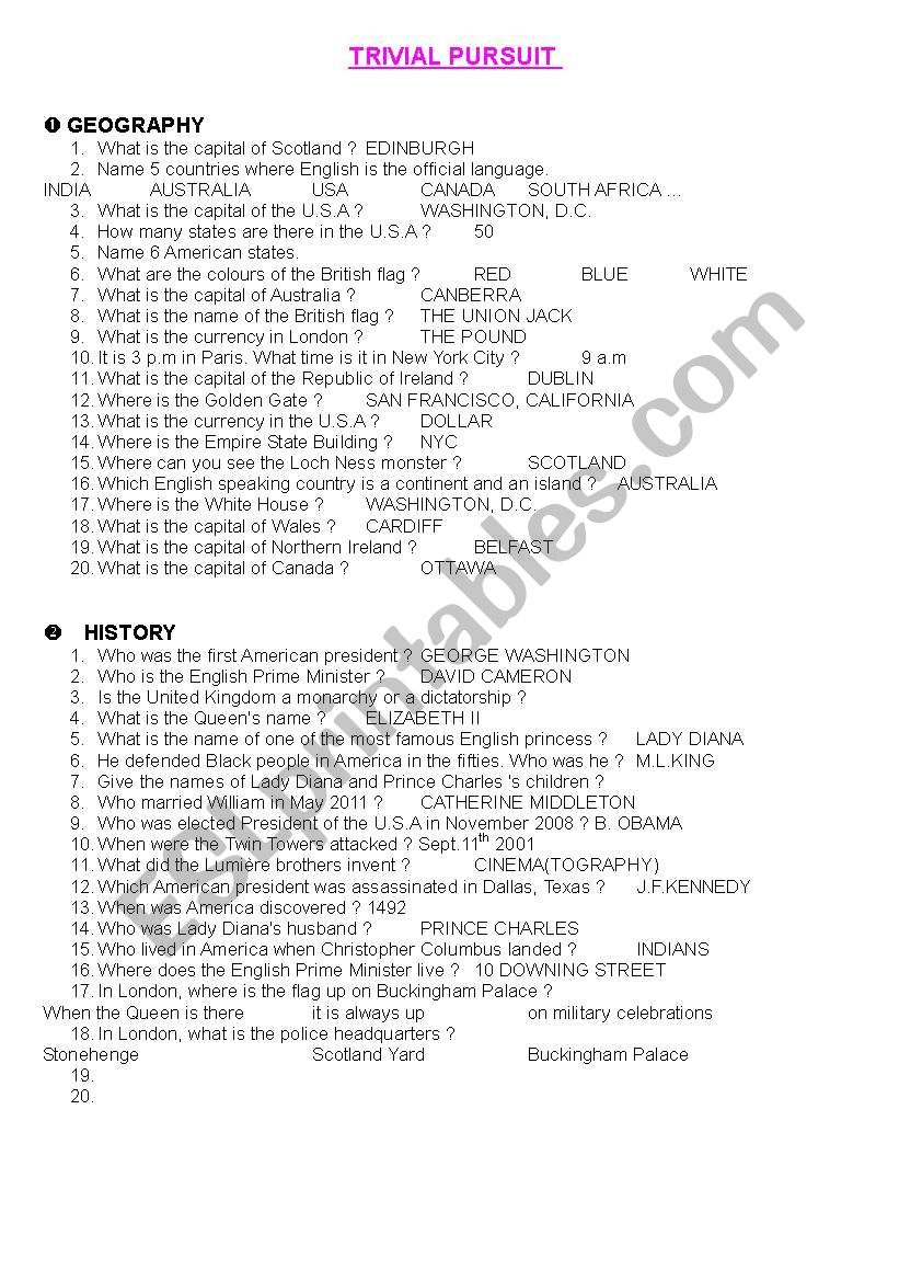 TRIVIAL PURSUIT worksheet