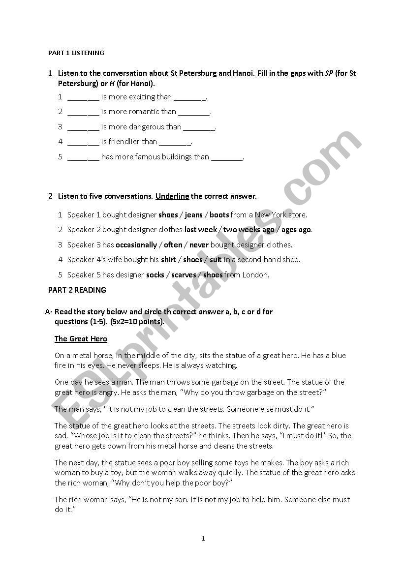 exam for elementary level worksheet