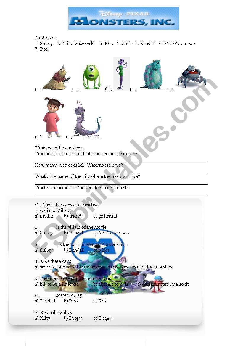 Monsters Inc Movie Activity worksheet