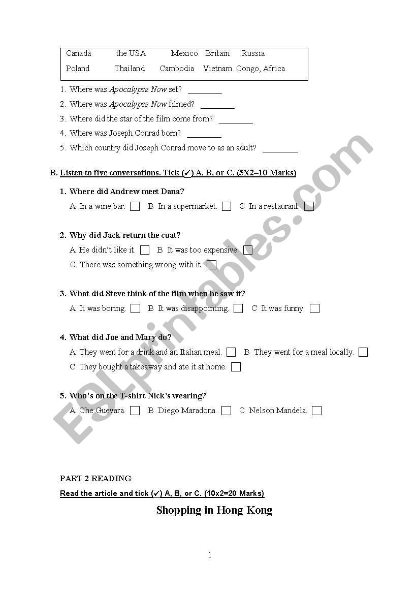 exam worksheet