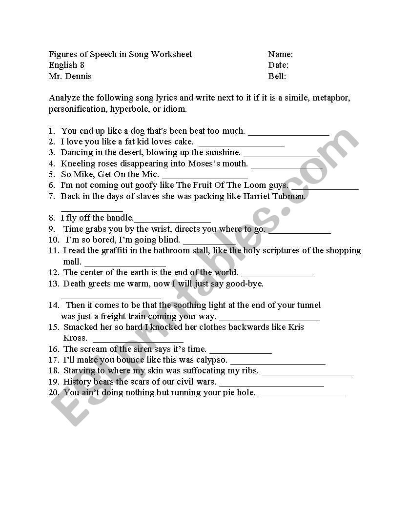 English worksheets: Figures of Speech in Song In Figures Of Speech Worksheet