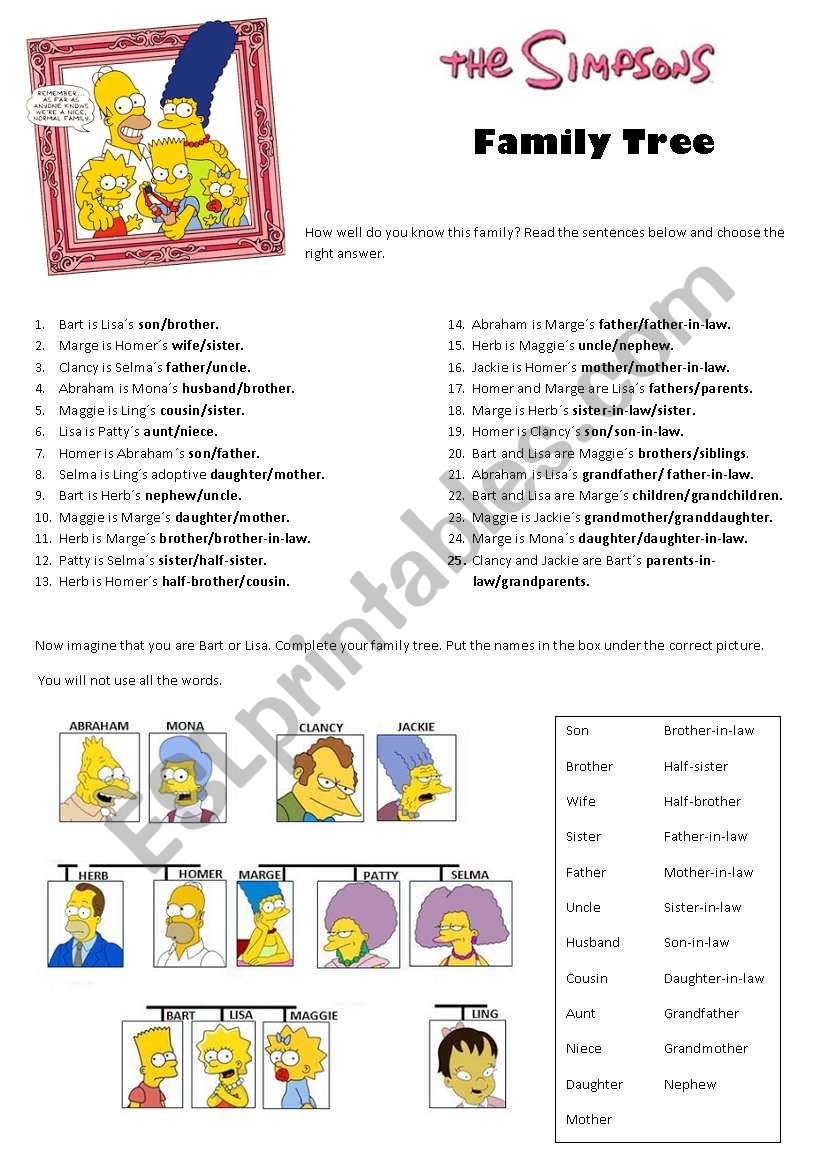 The Simpsons: family tree worksheet
