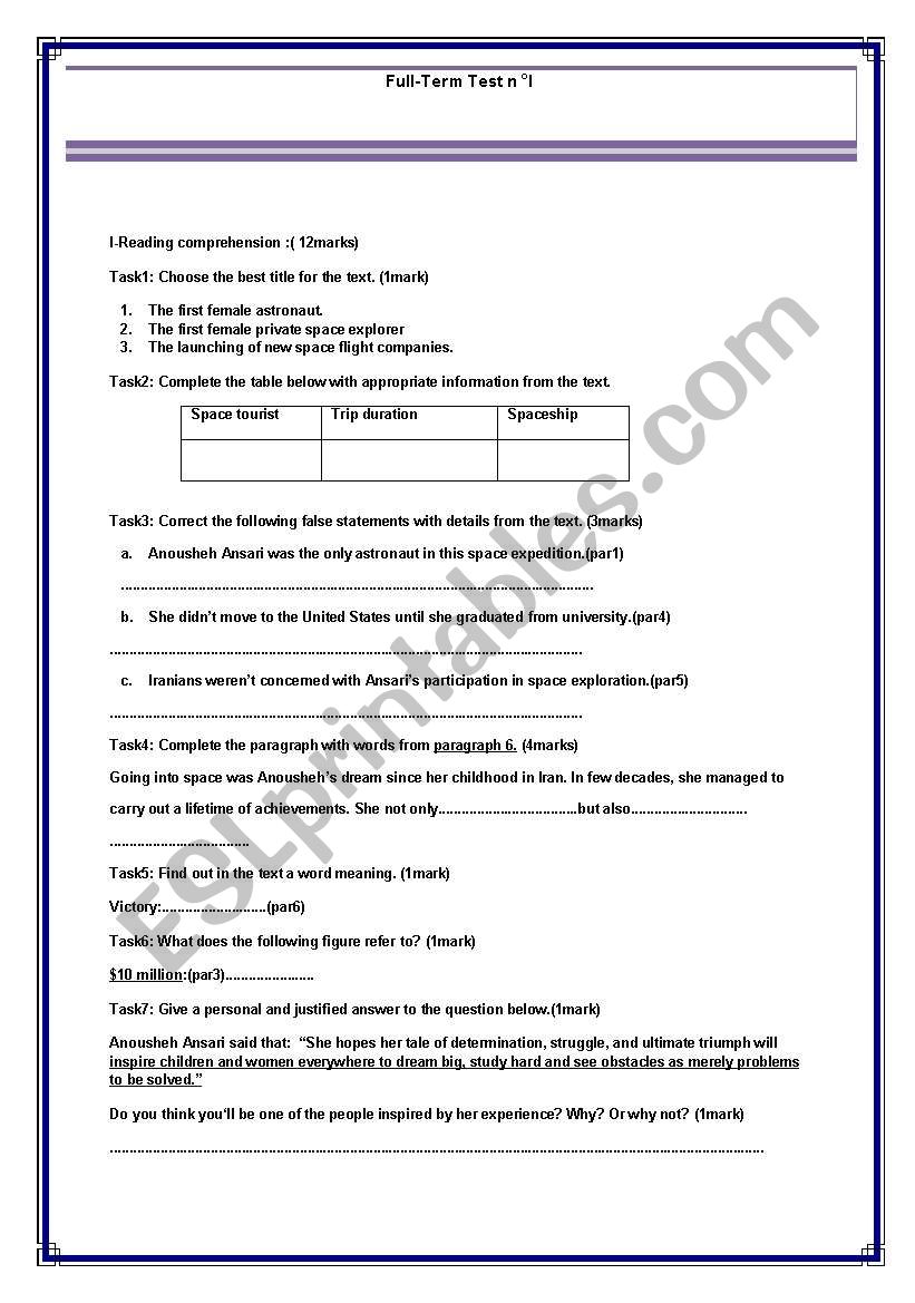 reading comprehension test worksheet