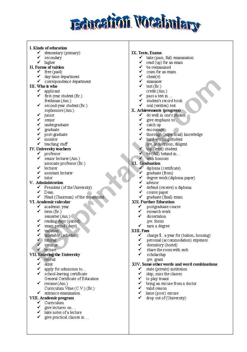 Topical vocabulary: education worksheet