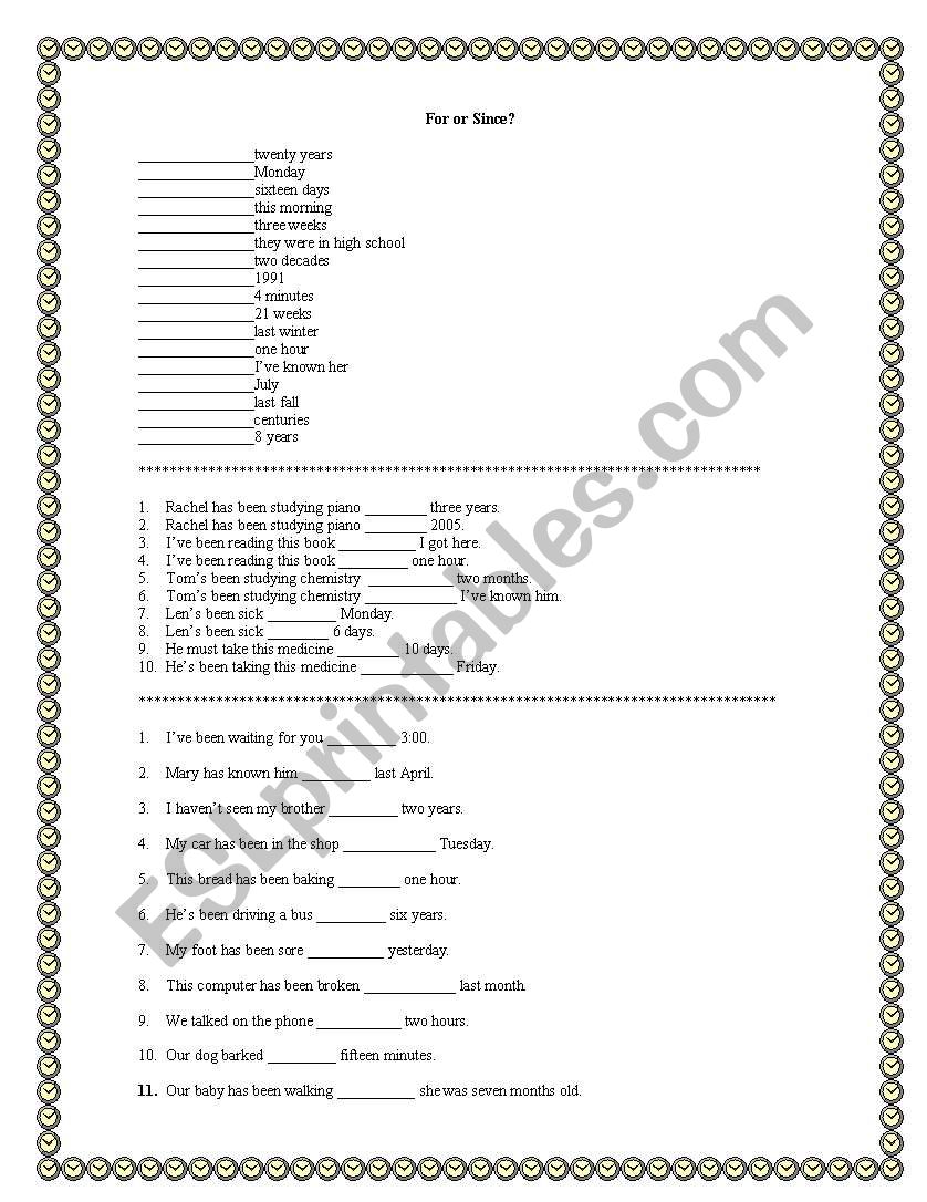 For and Since worksheet