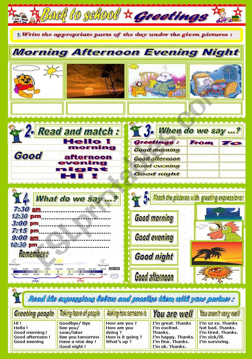 Parts of the day + Greetings  worksheet