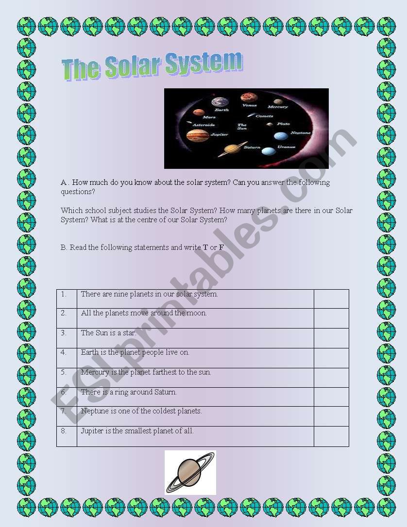 OUR SOLAR SYSTEM.PART 1 worksheet