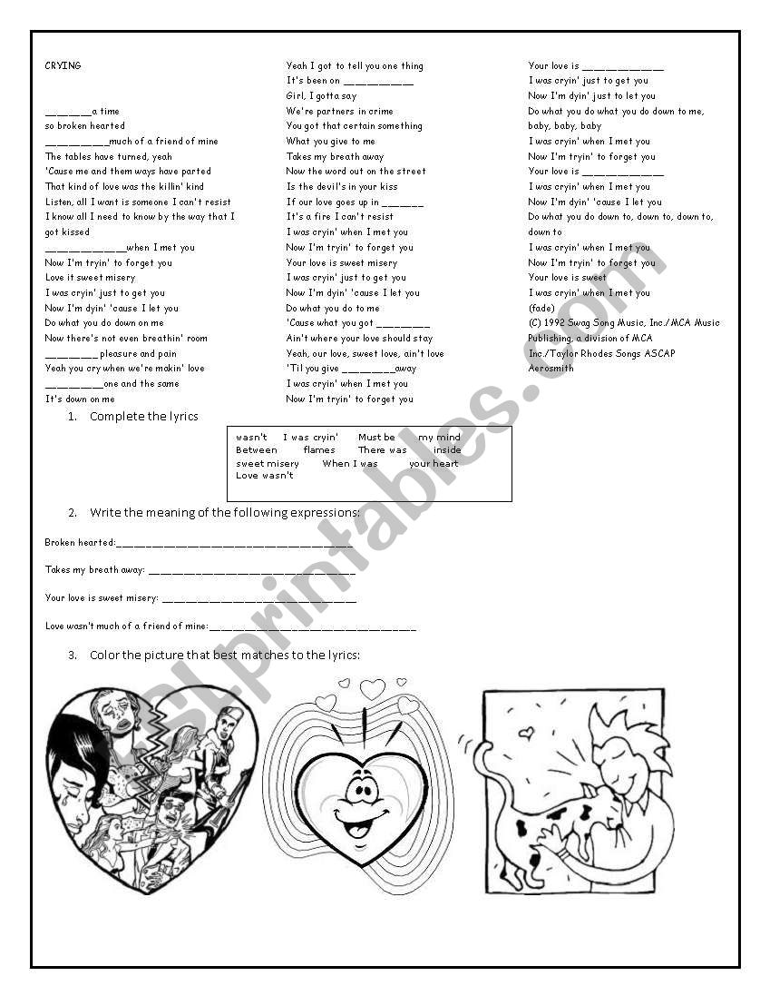 Crying aerosmith worksheet