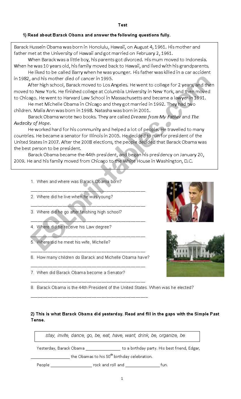 Obamas life worksheet