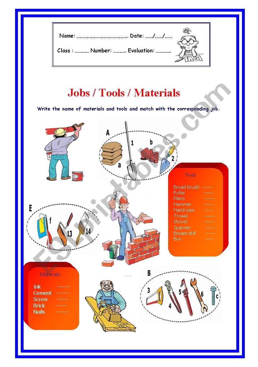 Jobs / Tools / Materials  worksheet