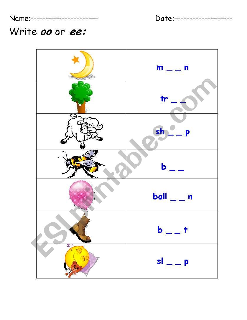 Words with oo or ee worksheet