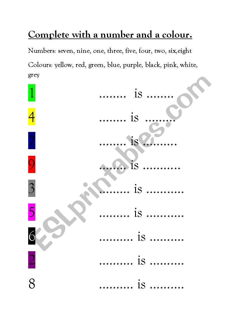 Numbers 1-9, Colours worksheet