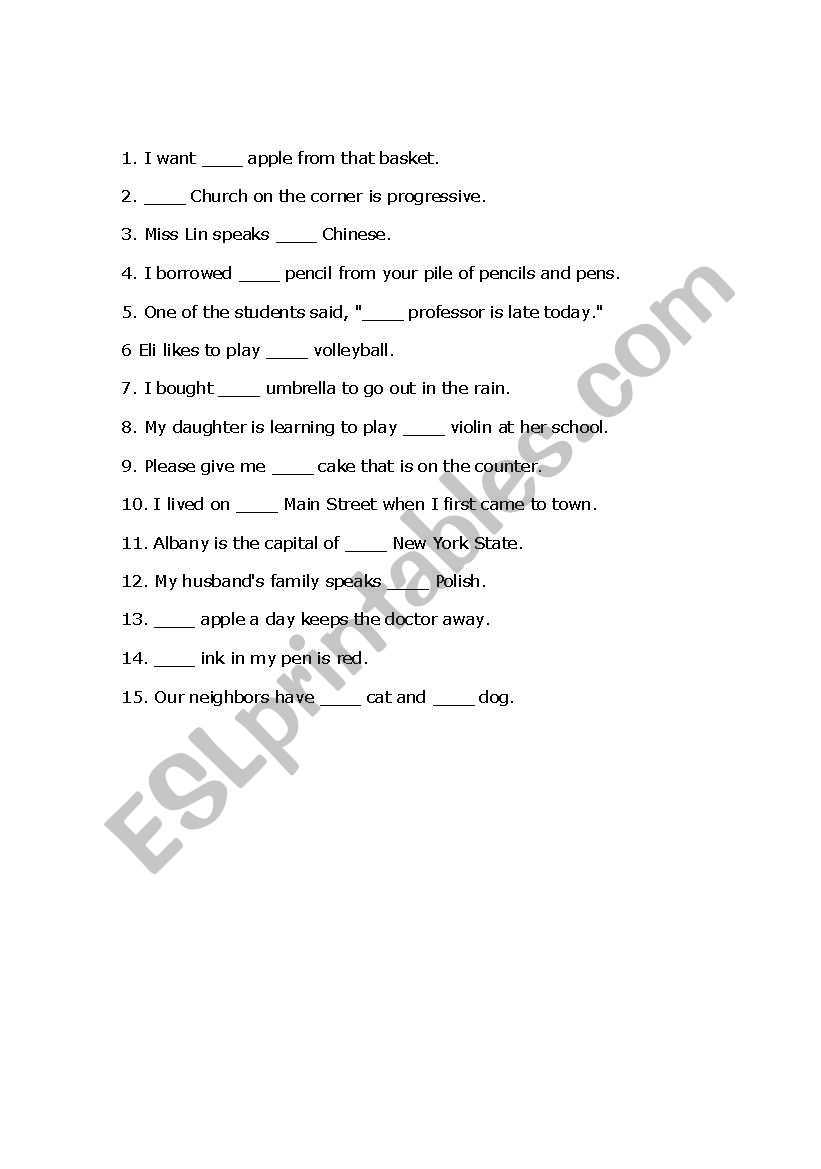 Articles worksheet