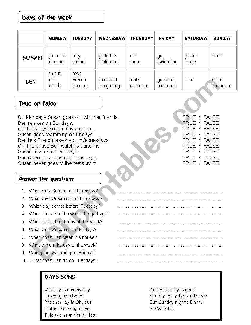 Days of week worksheet