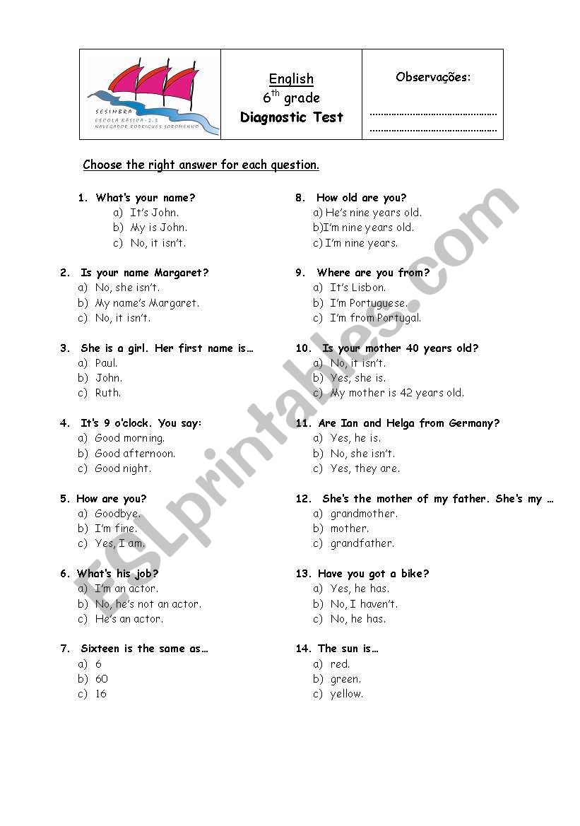 diagnostic test worksheet