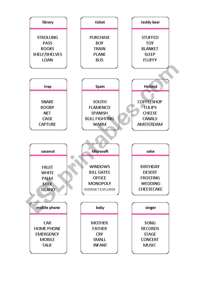 Random Taboo cards worksheet