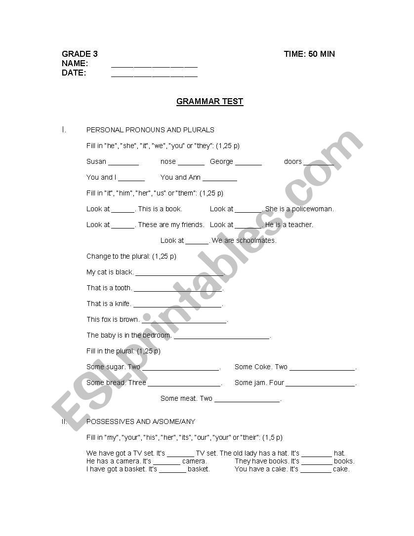 3rd grade grammar test worksheet