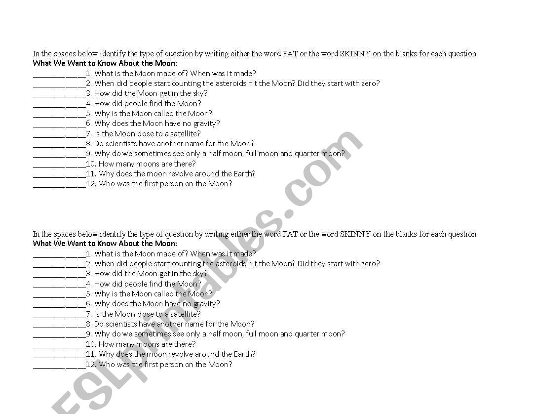 Fat vs. Skinny Questions worksheet