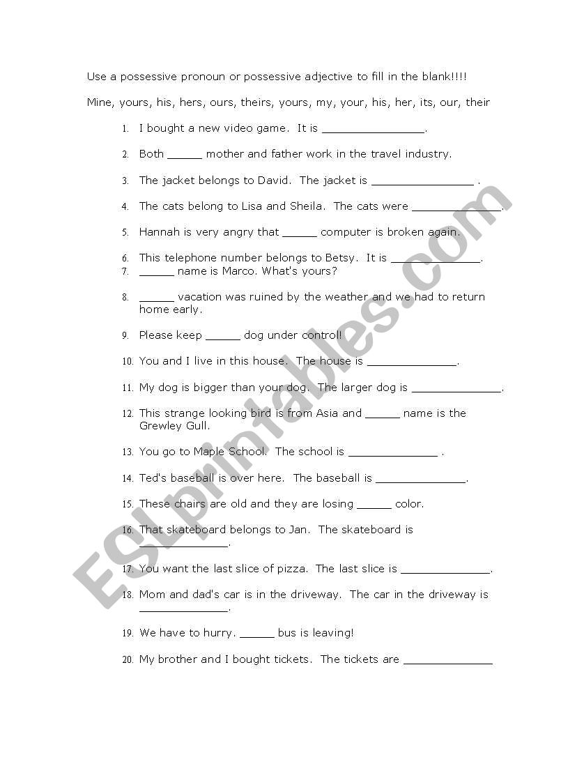 Possessive Pronouns worksheet