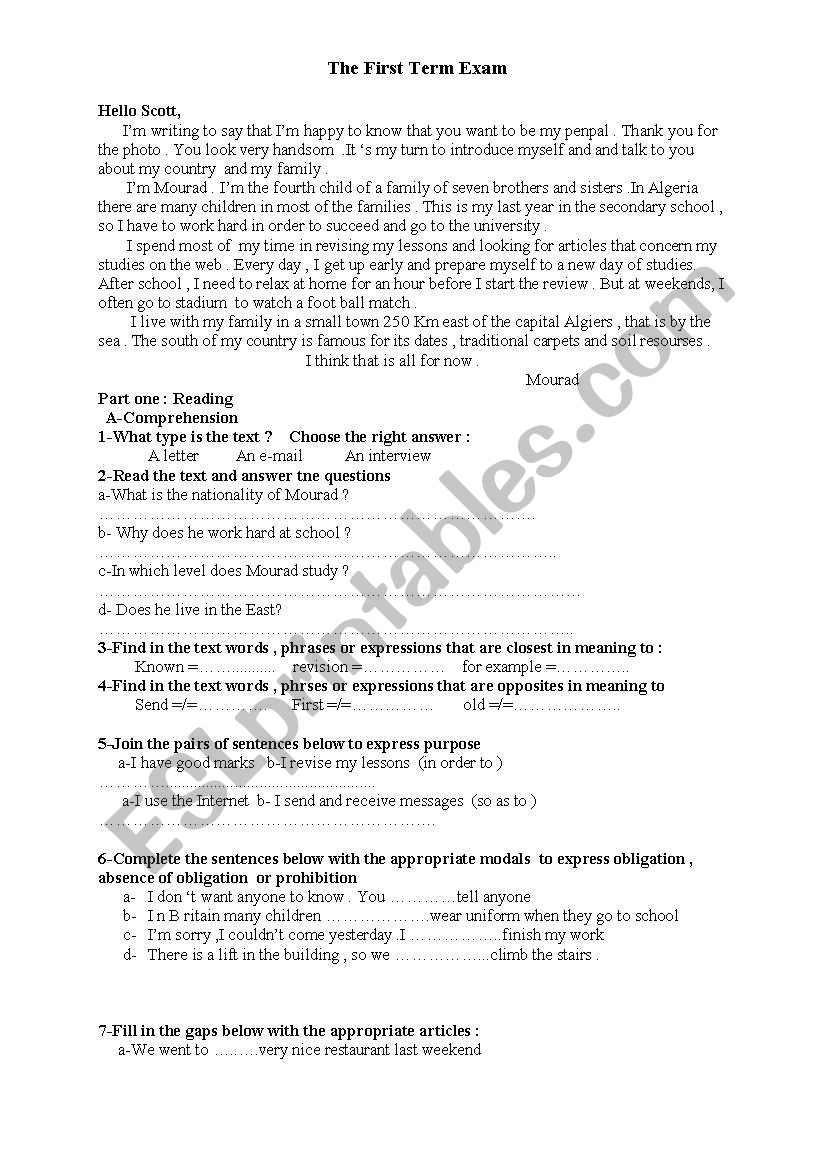 exams of the first year  worksheet