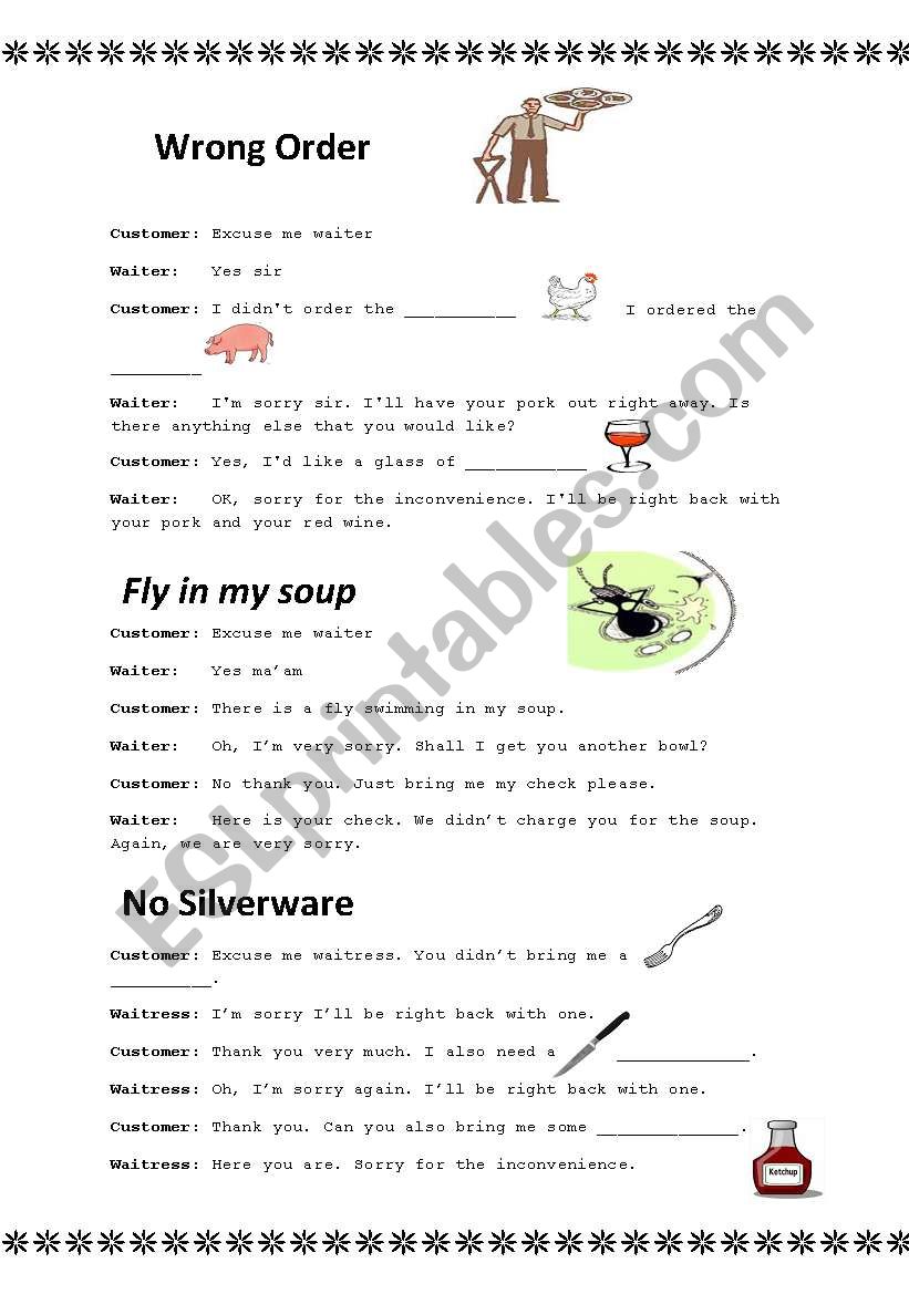 Restaurant complaints dialogue - ESL worksheet by ponyo90