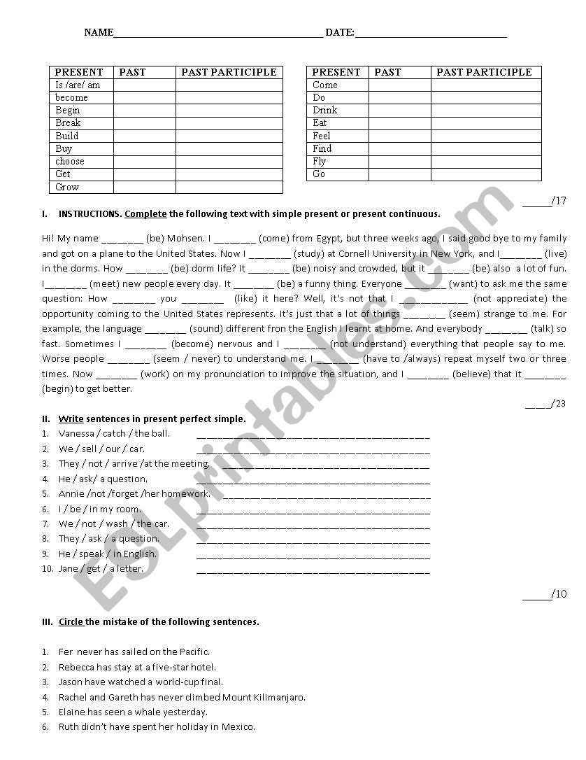 EXAM  ON PRESENT PERFECT AND PAST SIMPLE