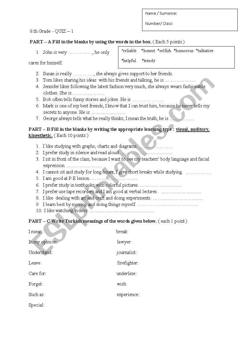 Worksheet for 8th grade students