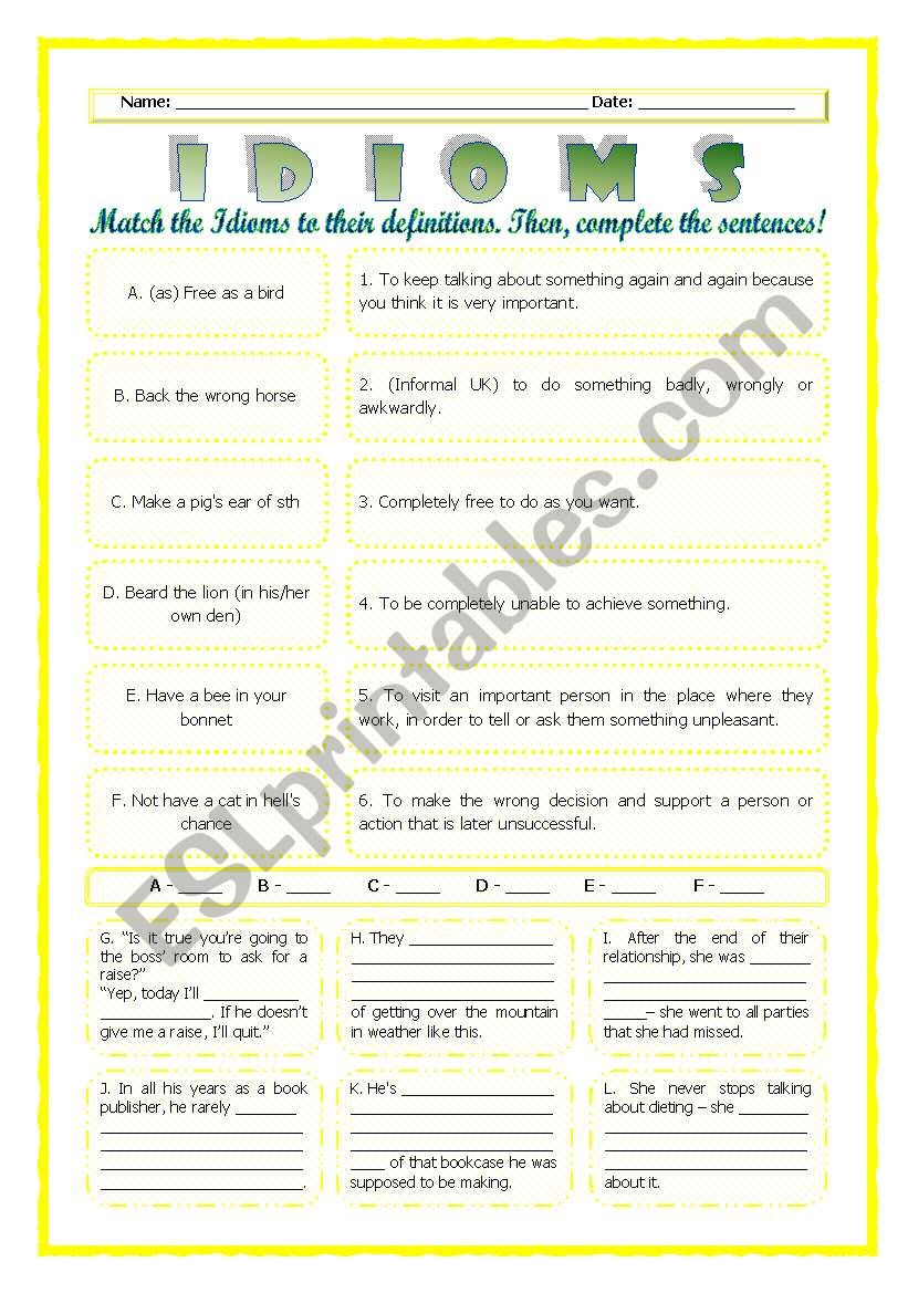 --*--*--*-- Idioms 04! --*-- Animals --*-- Definitions + Exercise --*-- BW Included --*--*--*-- FULLY EDITABLE WITH KEY! 