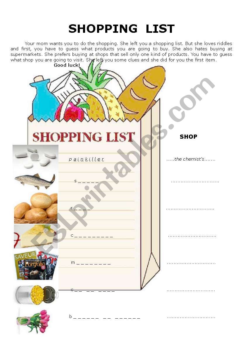 Shopping list - SHOPS and PRODUCTS (KEY included) 2 pages