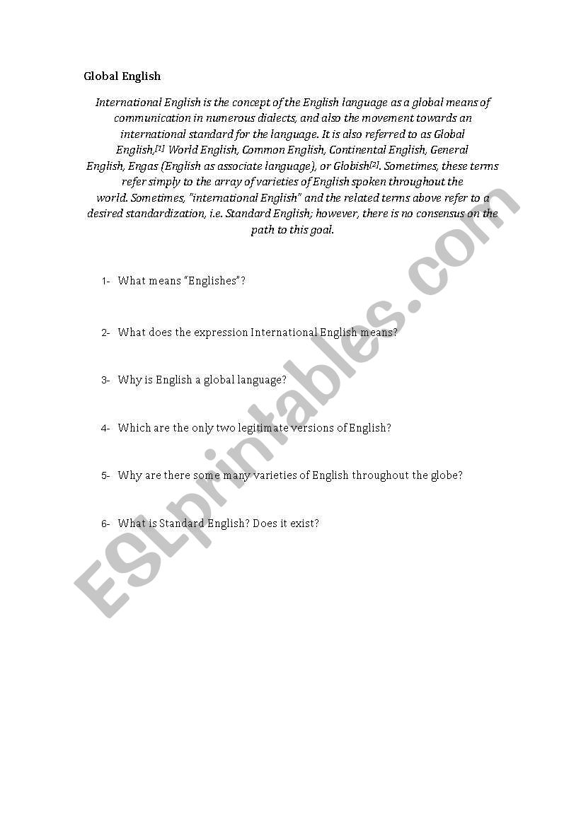 Global English and Englishes worksheet