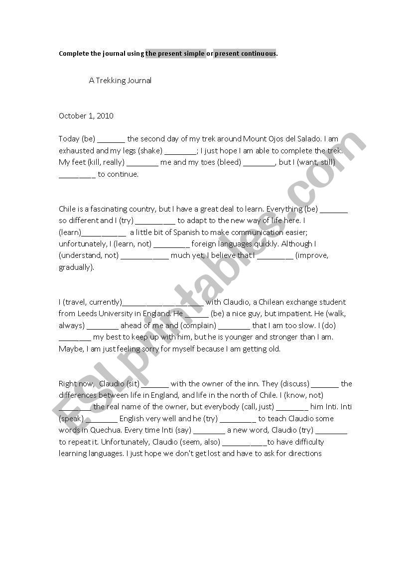 a trekking journal worksheet