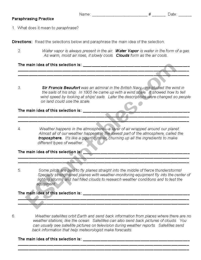 Paraphrasing Practice worksheet