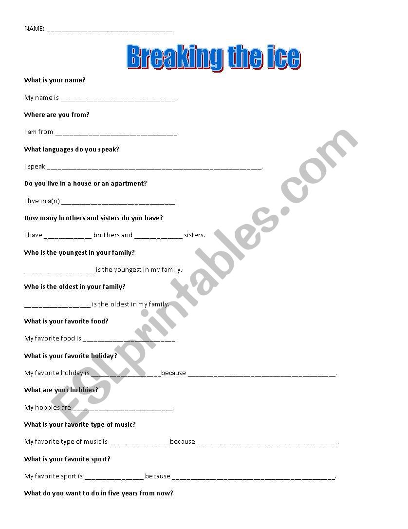 Breaking the Ice worksheet