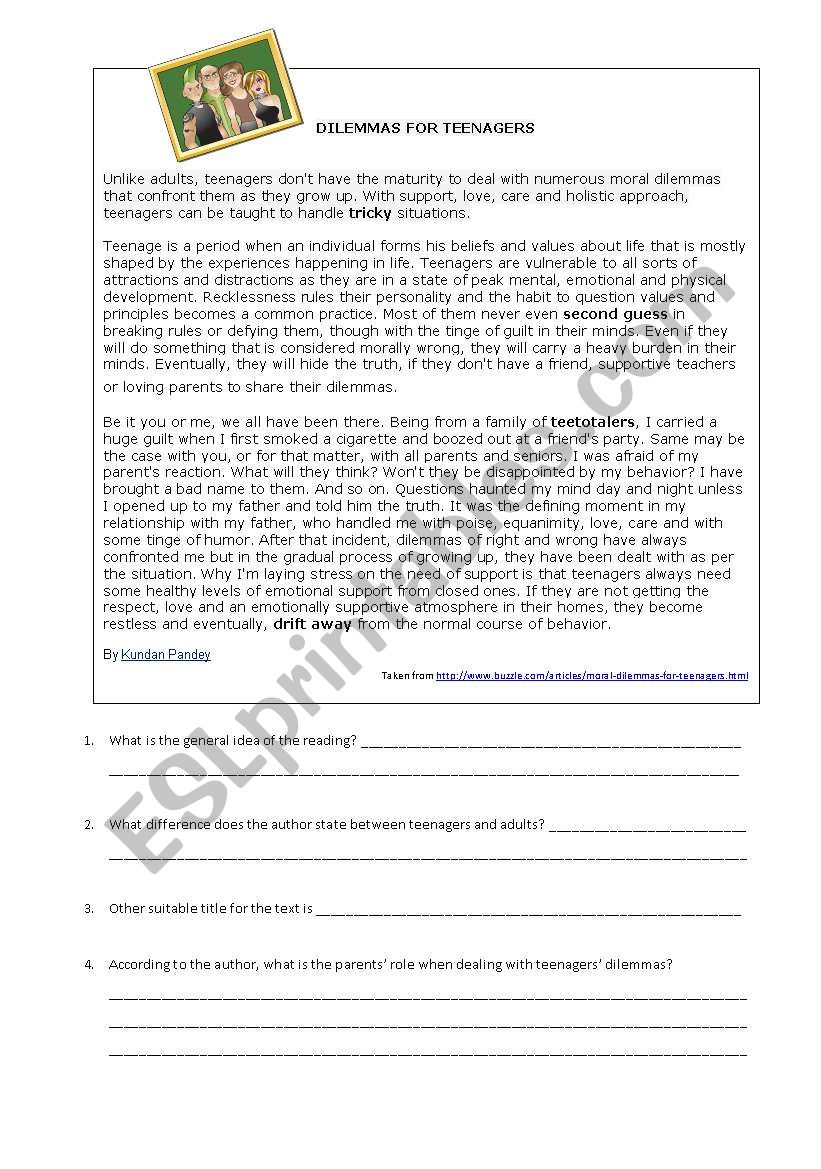 DILEMMAS FOR TEENAGERS worksheet